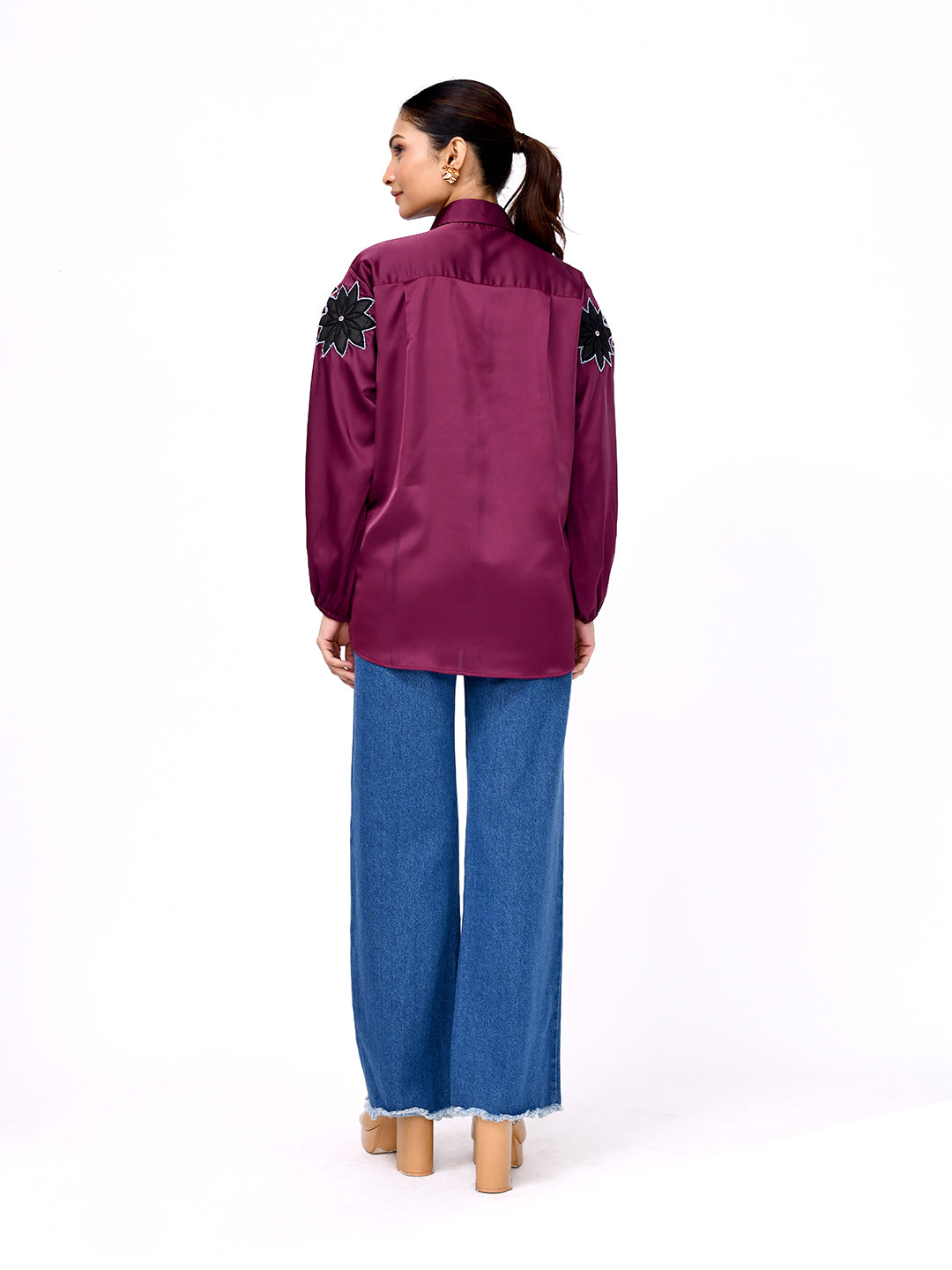 Wine Blossom Embroidered Shirt