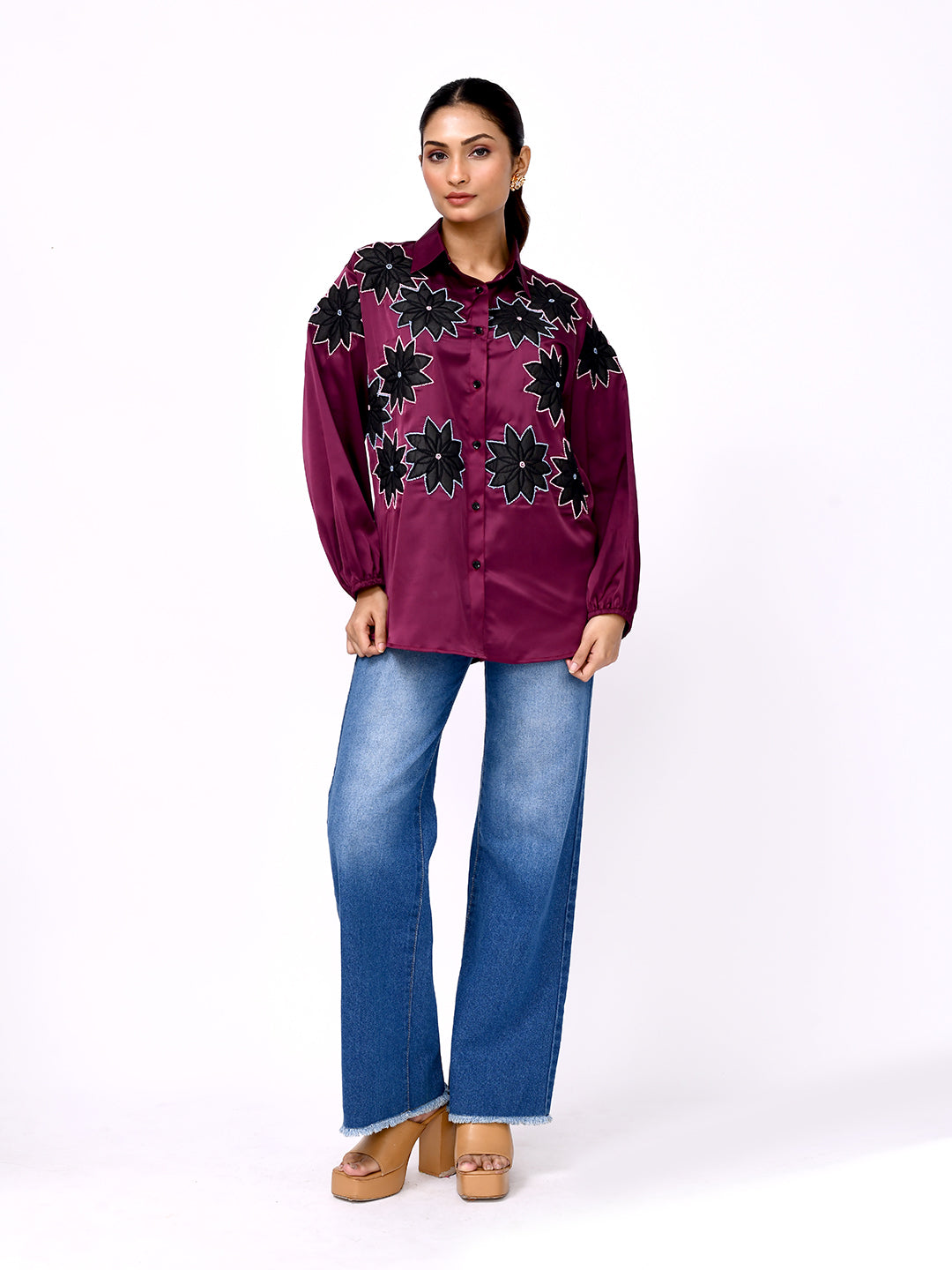 Wine Blossom Embroidered Shirt