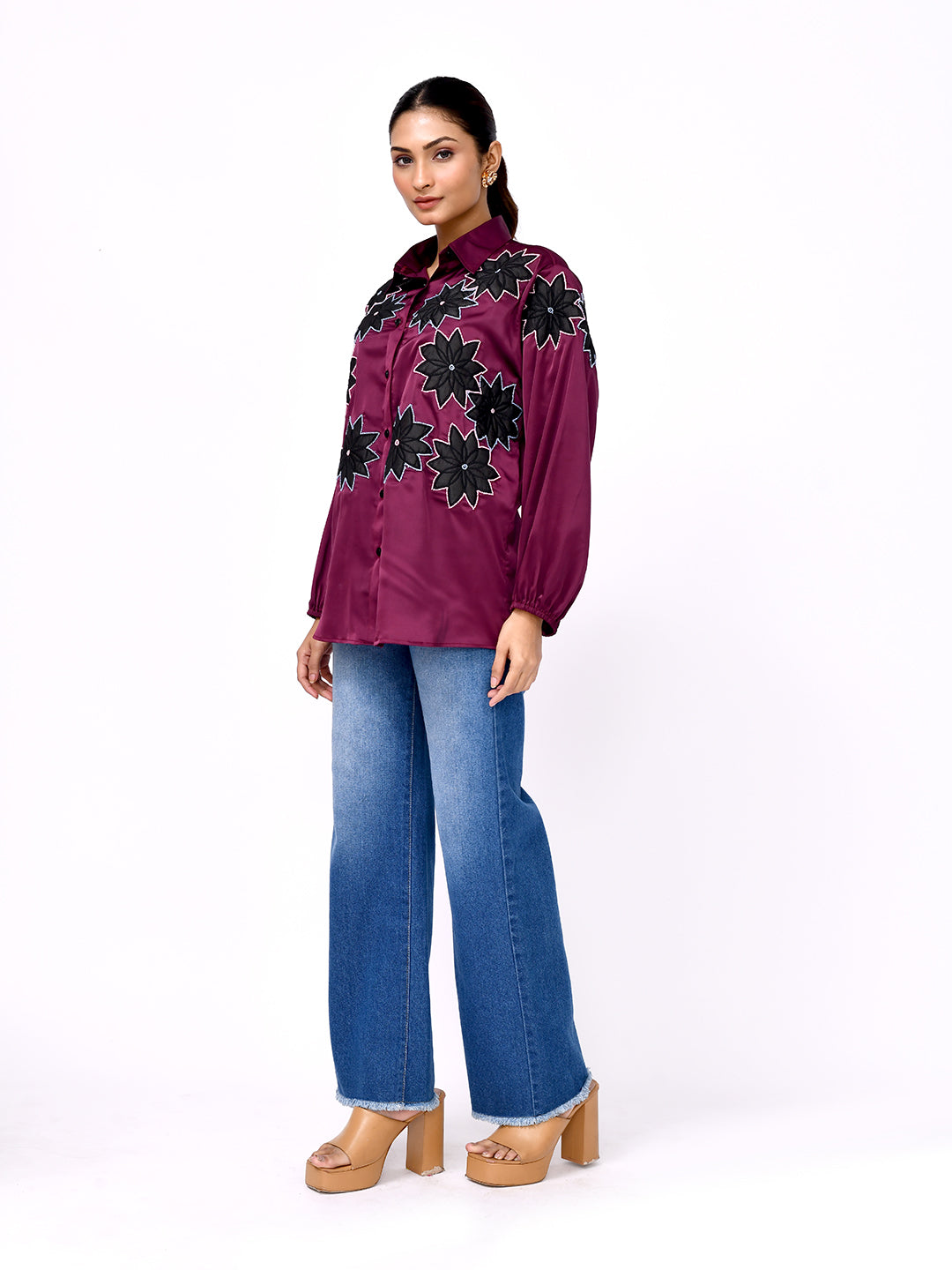 Wine Blossom Embroidered Shirt