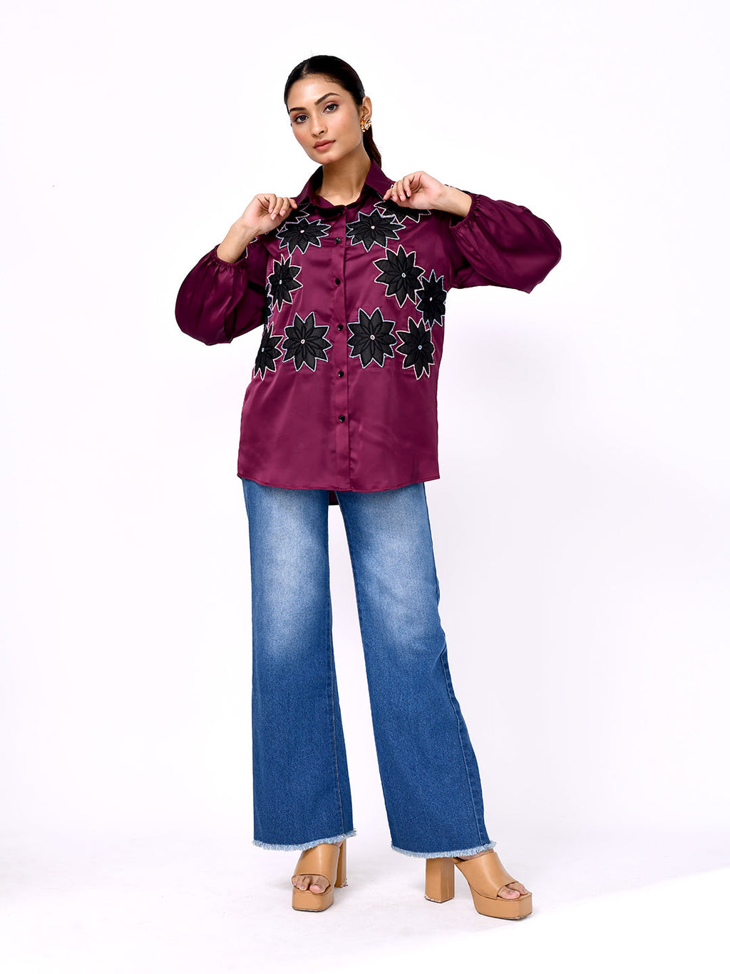 Wine Blossom Embroidered Shirt