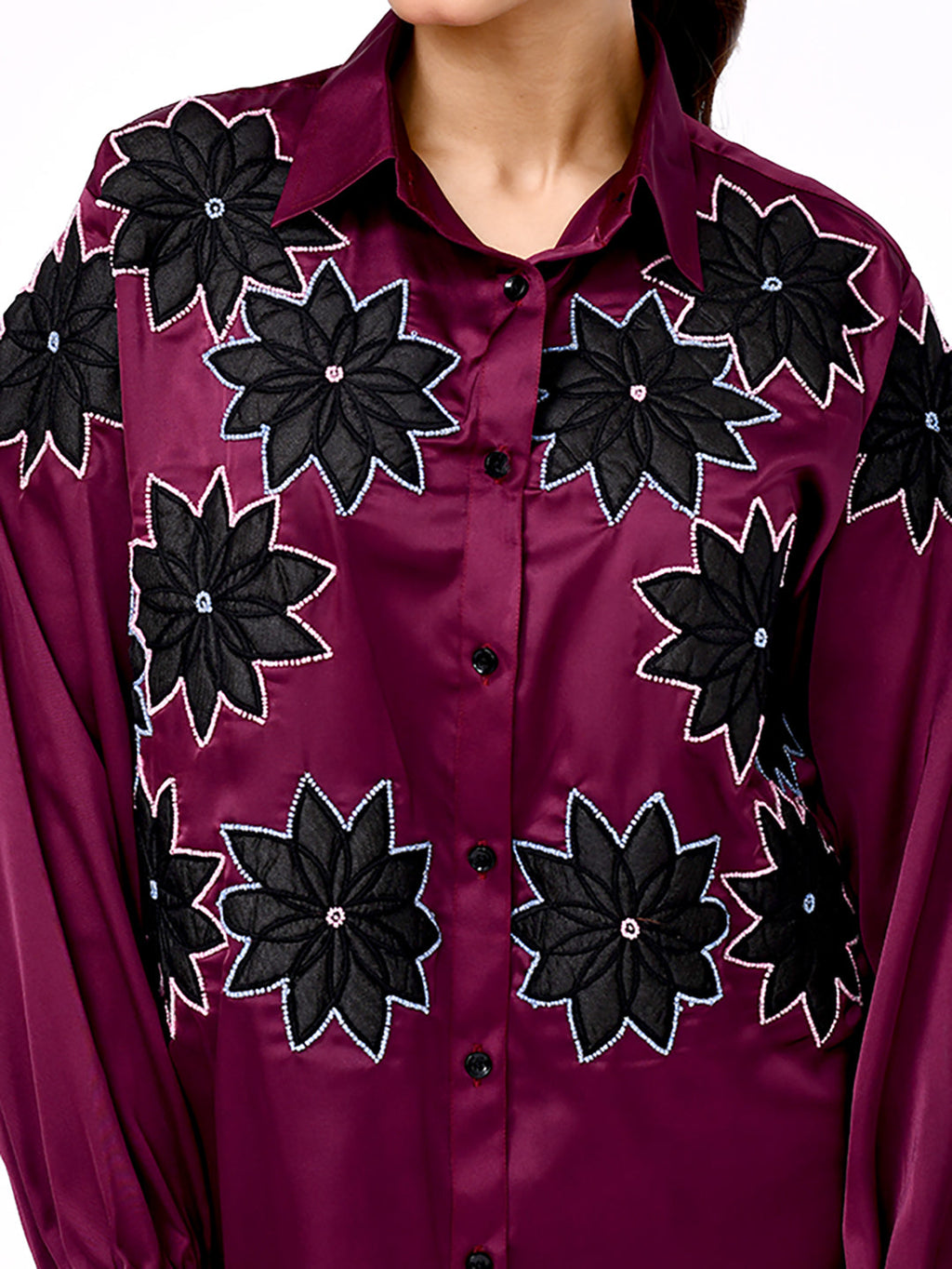 Wine Blossom Embroidered Shirt