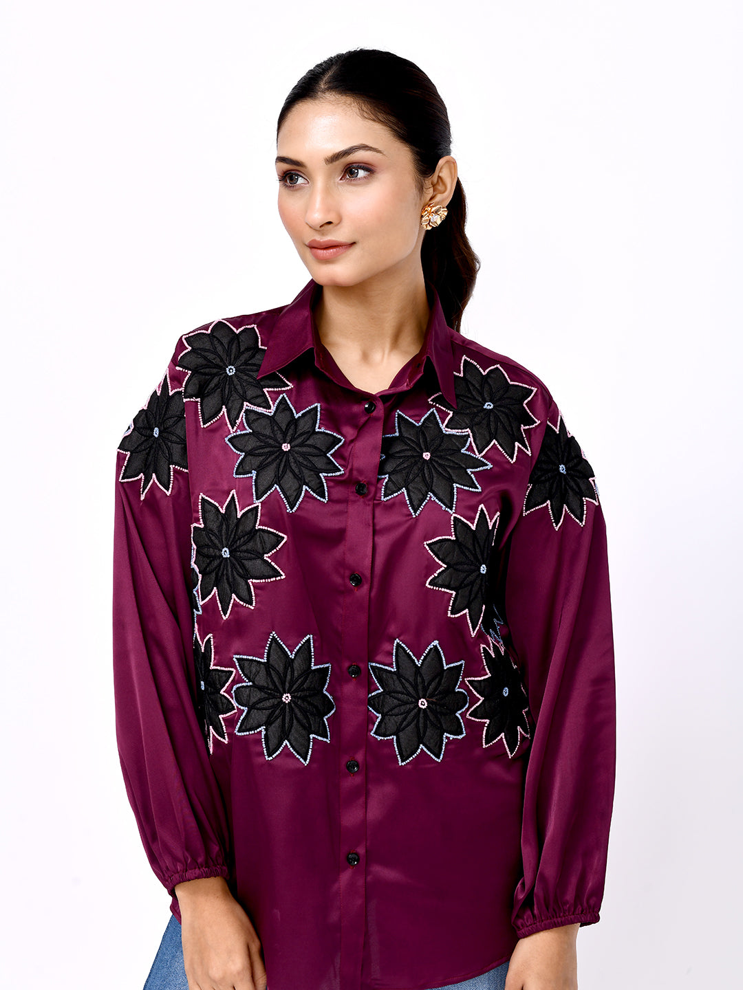 Wine Blossom Embroidered Shirt
