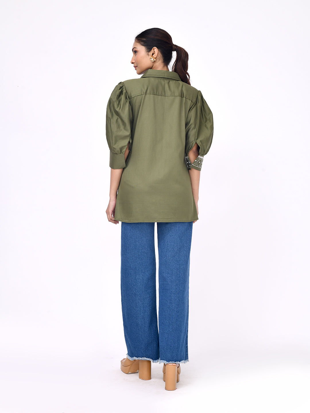 Olive Bloom Zip-Front Shirt