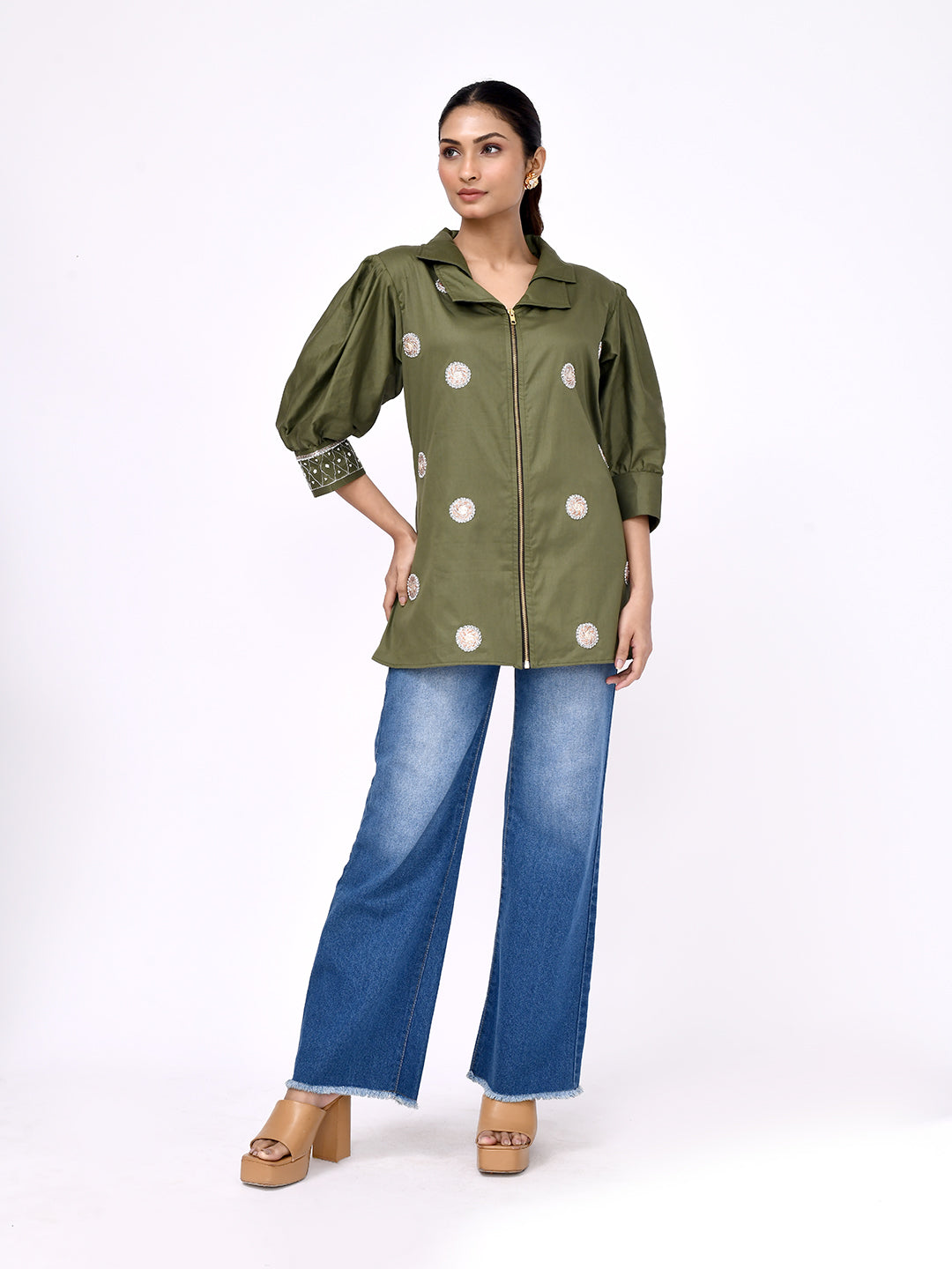 Olive Bloom Zip-Front Shirt