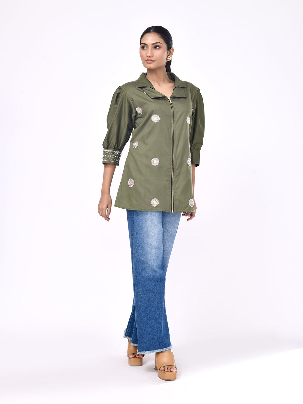 Olive Bloom Zip-Front Shirt