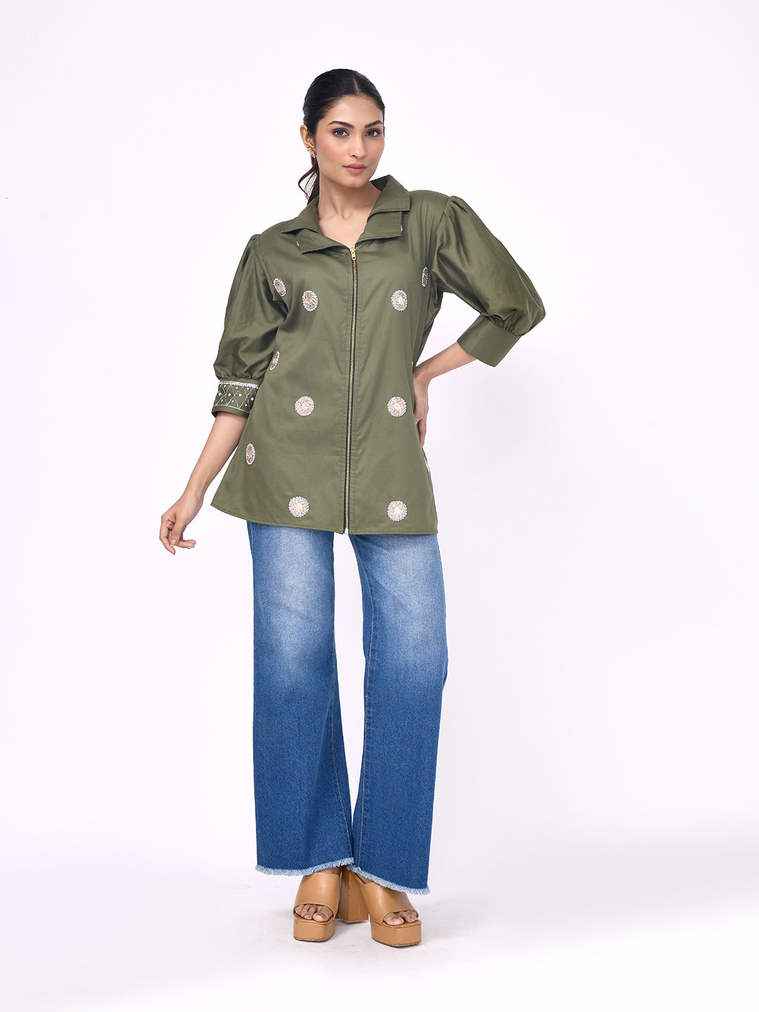 Olive Bloom Zip-Front Shirt
