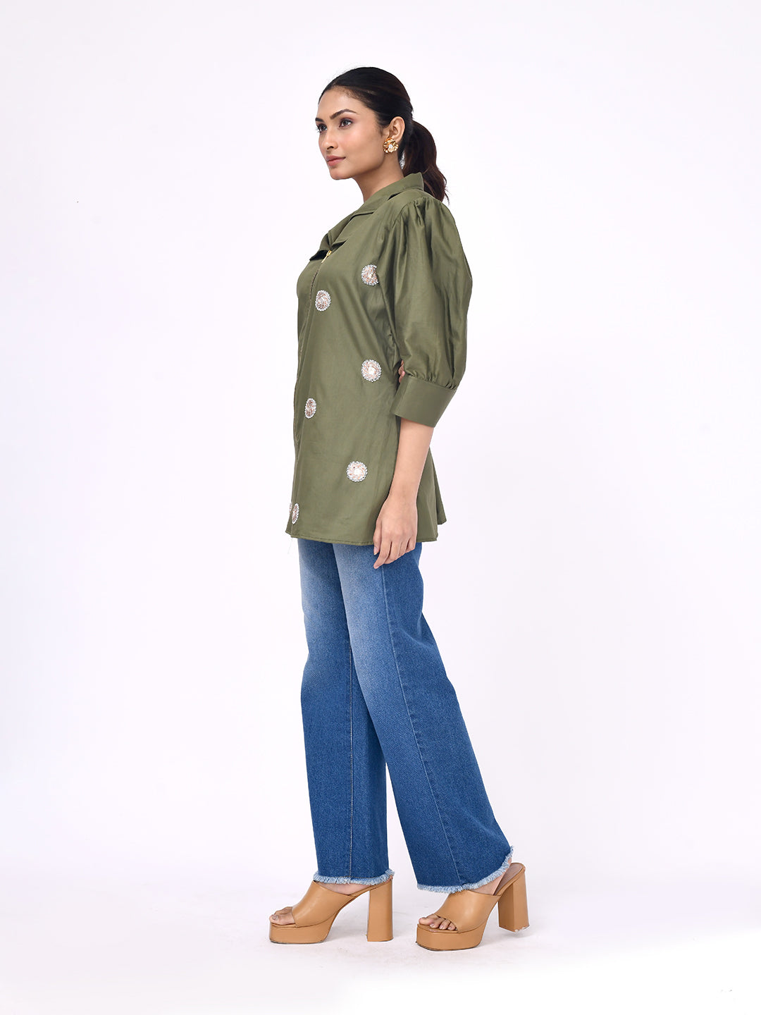 Olive Bloom Zip-Front Shirt