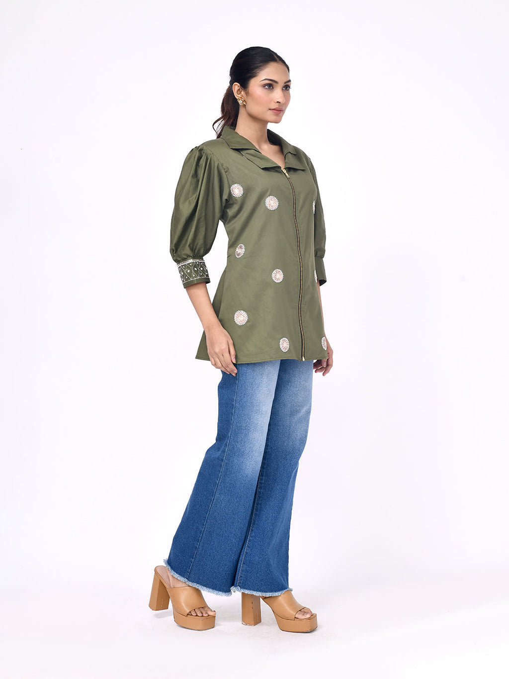 Olive Bloom Zip-Front Shirt