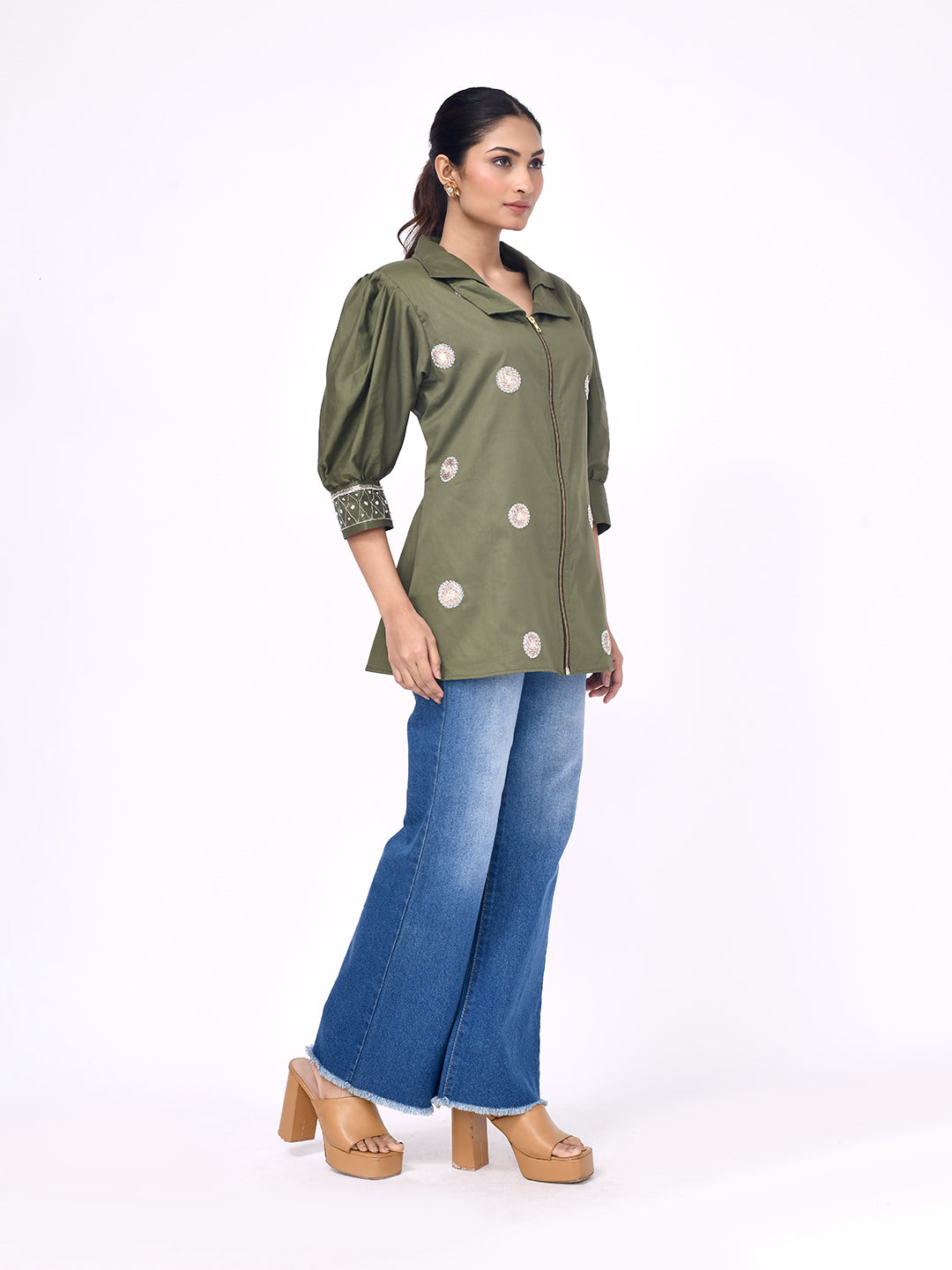 Olive Bloom Zip-Front Shirt