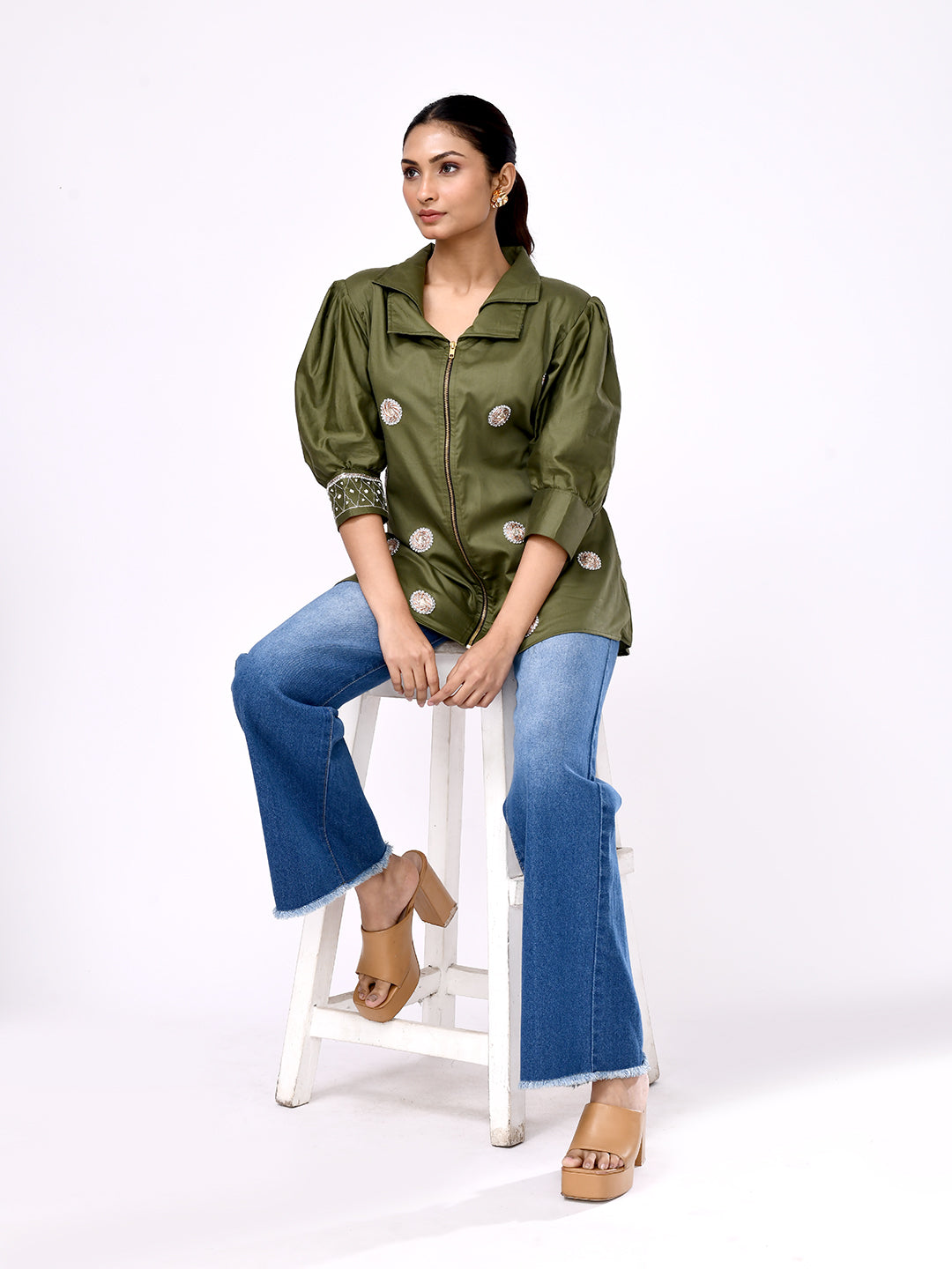 Olive Bloom Zip-Front Shirt