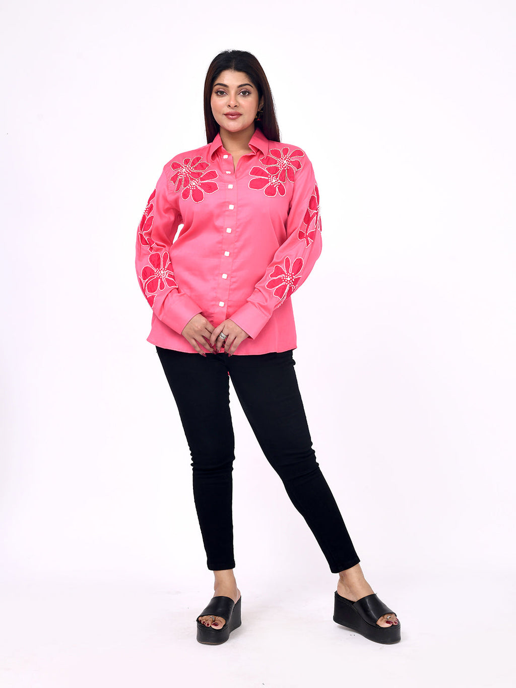 Coral Blossom Embroidered Shirt