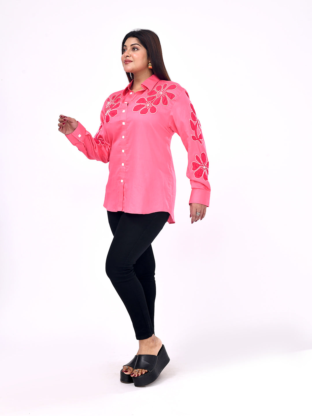 Coral Blossom Embroidered Shirt