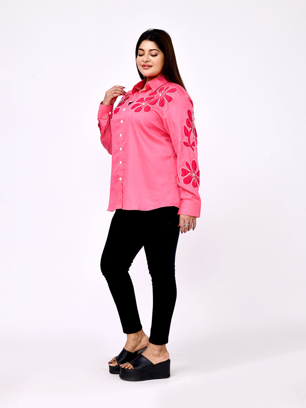 Coral Blossom Embroidered Shirt