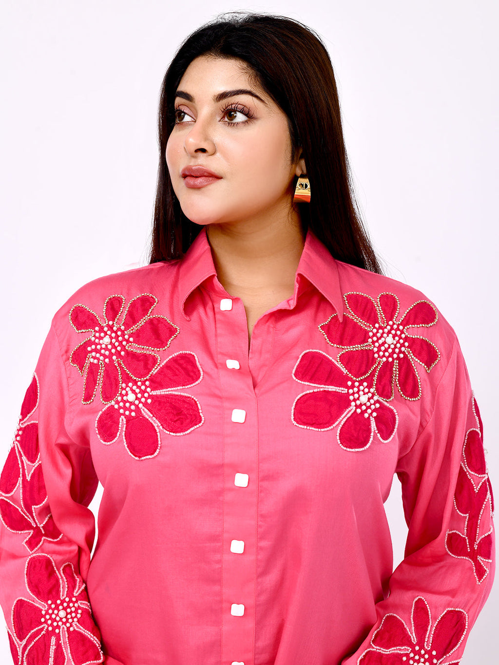 Coral Blossom Embroidered Shirt