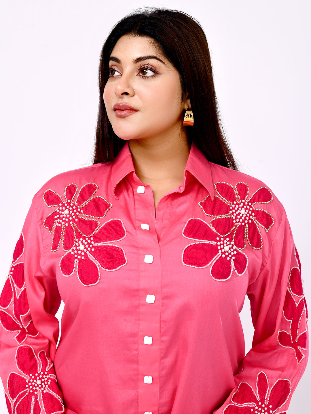 Coral Blossom Embroidered Shirt