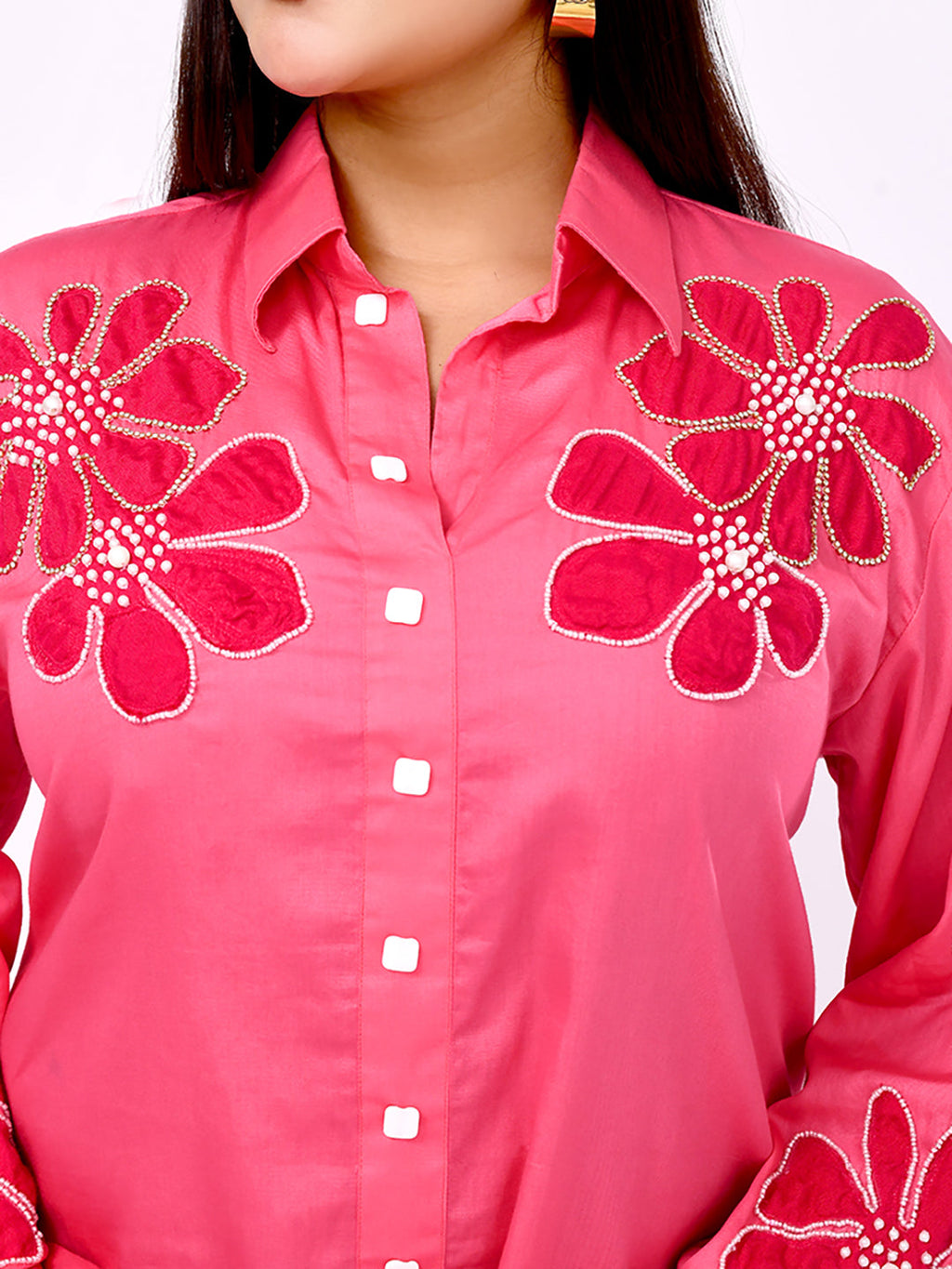 Coral Blossom Embroidered Shirt
